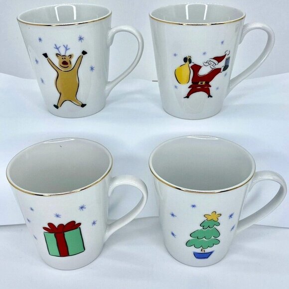 Y2K Merry‎ Brite Christmas Mugs 4 Set White Gold Trim Holiday Santa Reindeer VTG - Picture 1 of 10